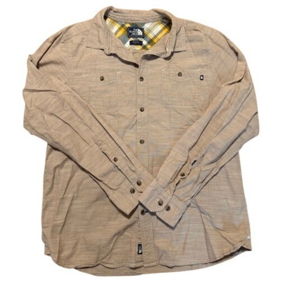 The North Face Mens Tan Khaki Slub Cotton Button Down Shirt Long Sleeve Large